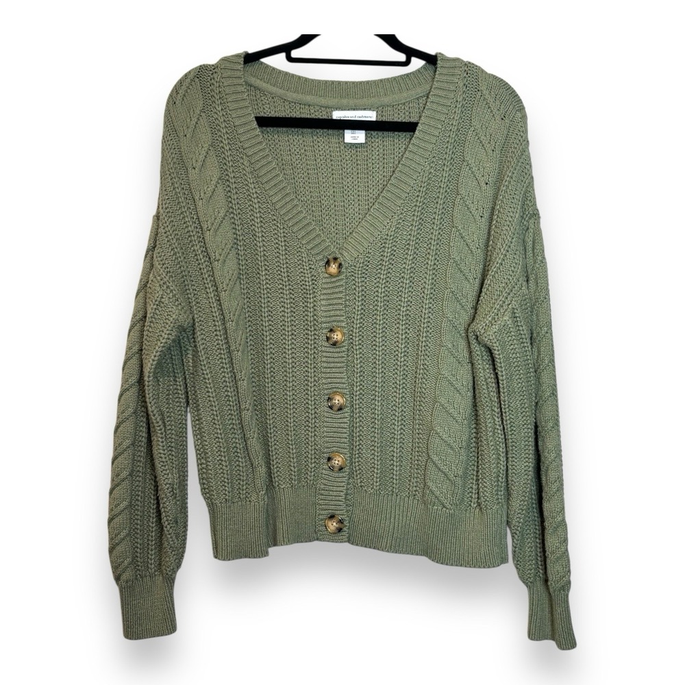 Cupcakes And Cashmere Cardigan Women's Sz L Cable Knit Long Sleeve Buttons Green
